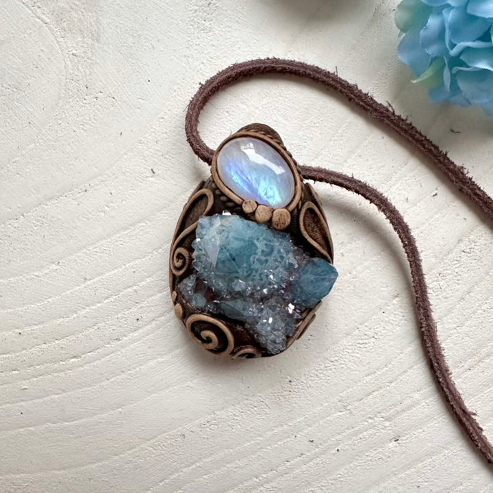 Unique gemstone necklace – Aqua Aura Spirit Quartz and Rainbow Moonstone