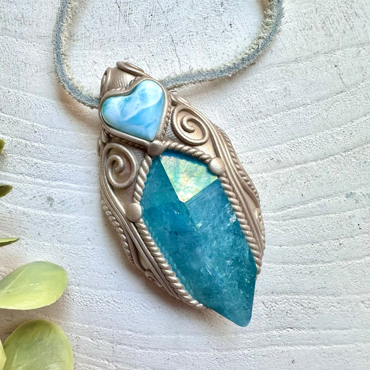 Aqua Aura Quartz and Larimar Heart pendant necklace unique