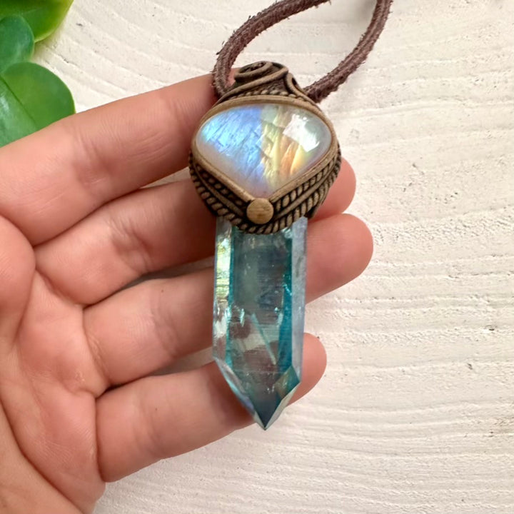 Spiritual healing jewelry with Aqua Aura Quartz and Rainbow Moonstone