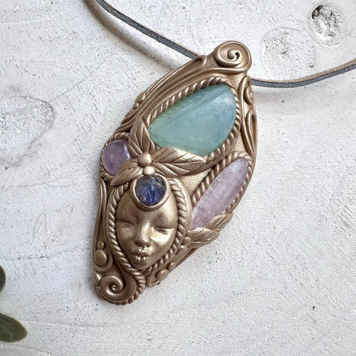 Natural gemstone goddess necklace with aquamarine and tanzanite
