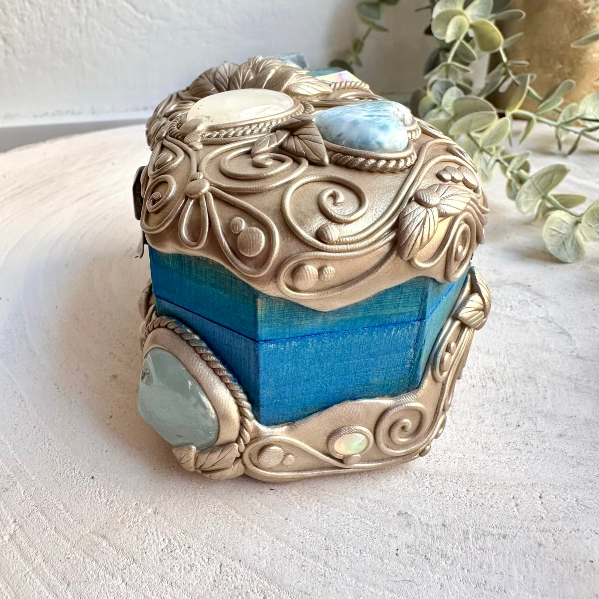 Unique crystal storage box adorned with natural Aqua Aura Quartz and Aquamarine gemstones.