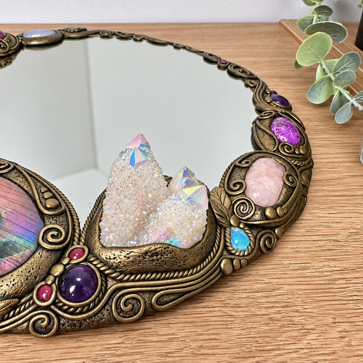 Boho crystal mirror with Purple Labradorite, Rose Quartz, Rainbow Moonstone and Angel Aura Quartz wall decor.