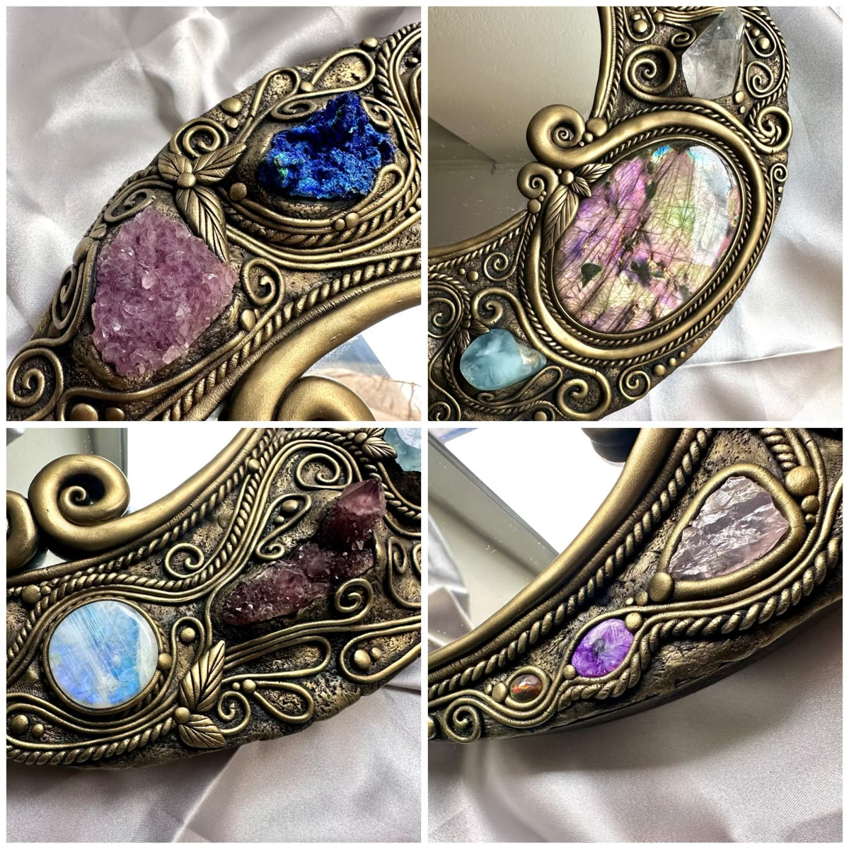 Metaphysical crystal mirror with Labradorite, Amethyst and Charoite