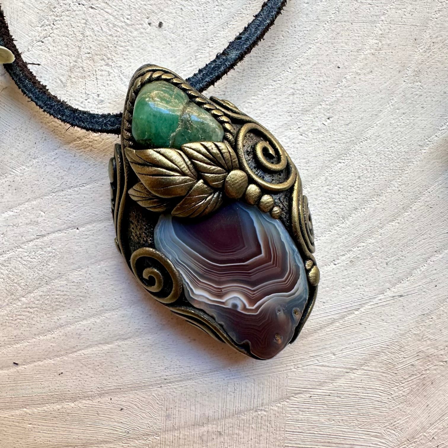 One of a kind agate and emerald gemstone necklace
