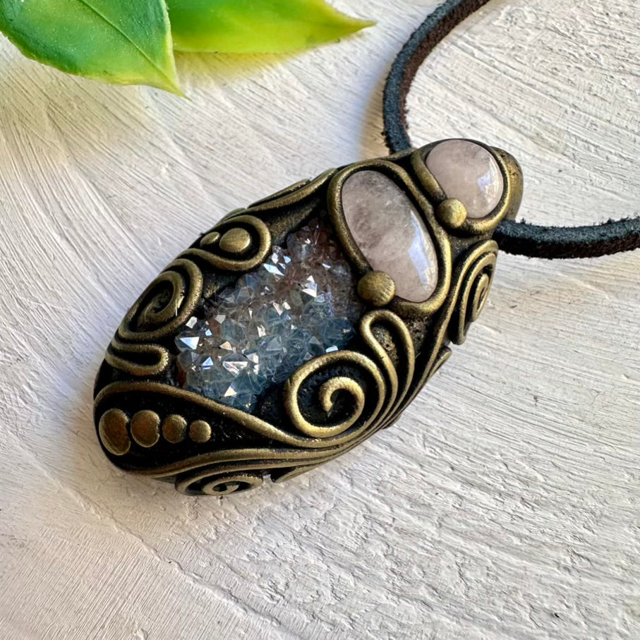 Healing Necklace with Aqua Aura Quartz and Morganite Crystals – Handmade Energy Jewelry