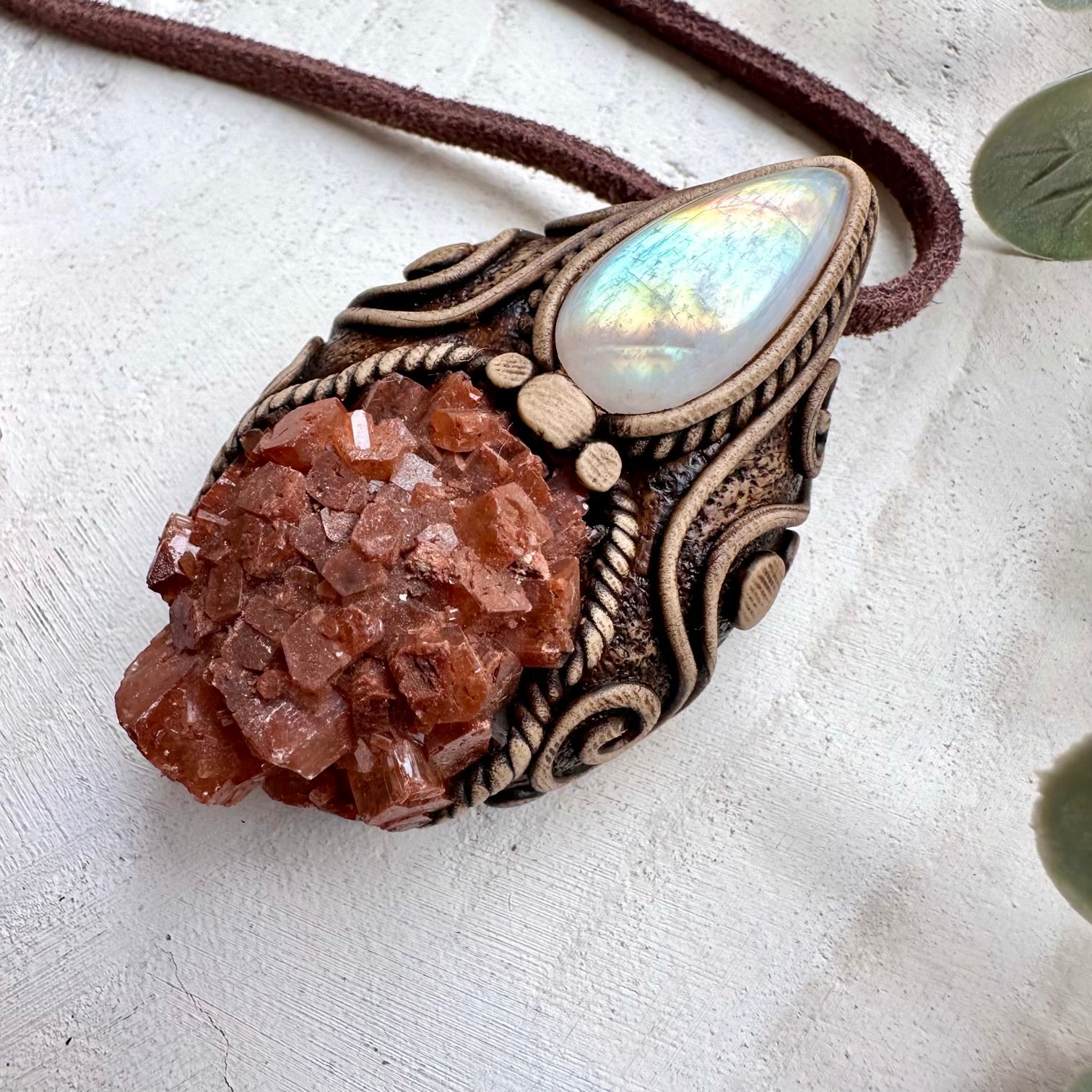 Aragonite and moonstone healing crystal necklace