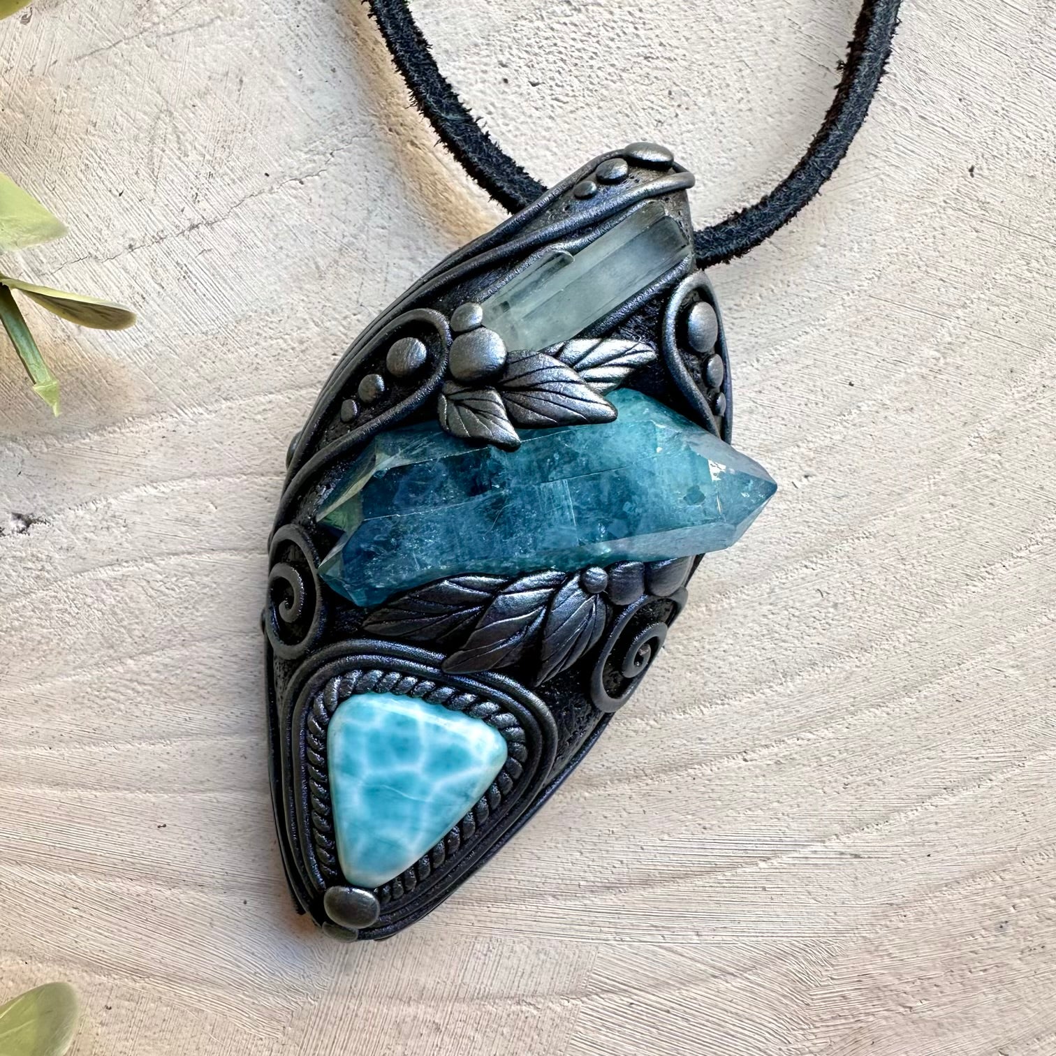 Aura quartz aquamarine and larimar healing crystal necklace