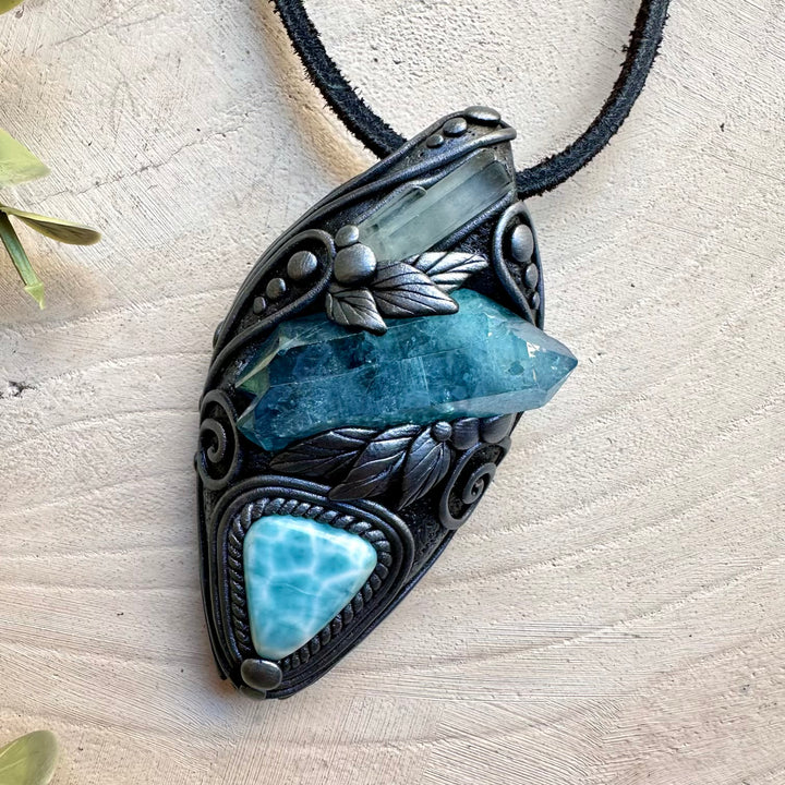 Aura quartz aquamarine and larimar healing crystal necklace