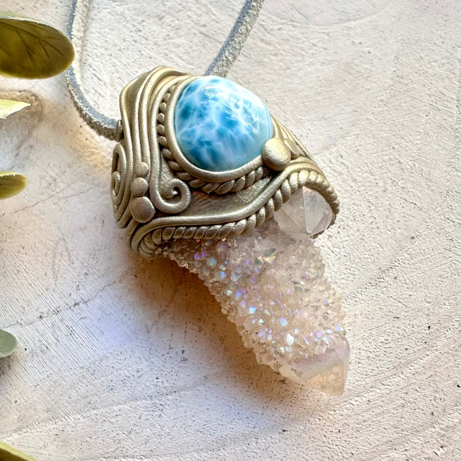 Healing crystal necklace with larimar and angel aura spirit quartz