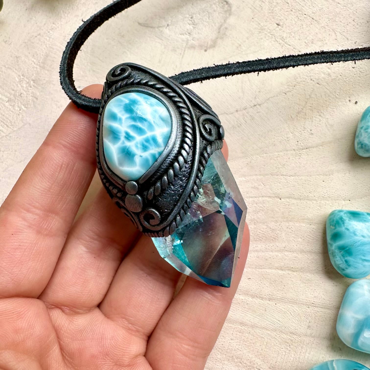 Handmade necklace with aura quartz and larimar
