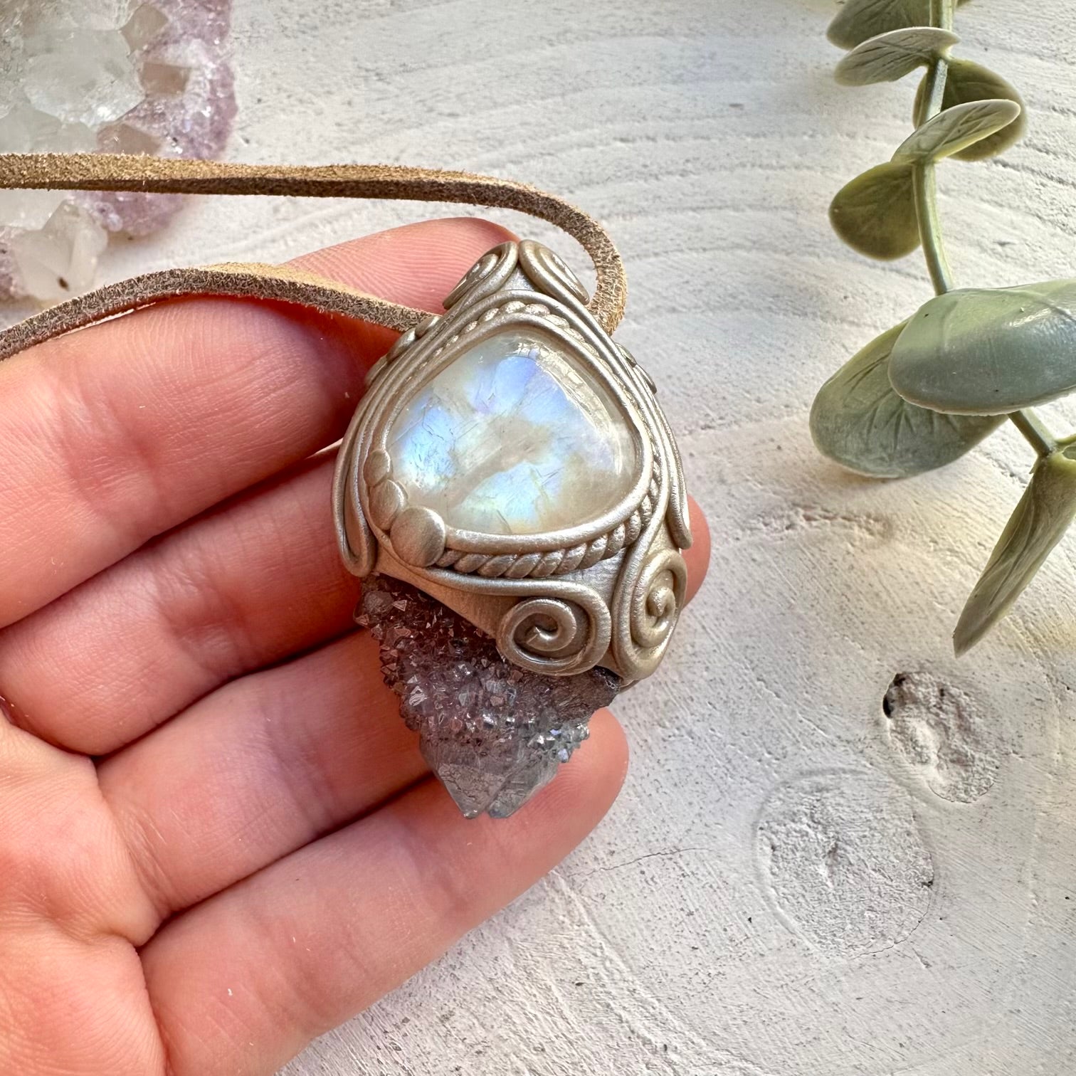 Aura quartz and moonstone healing crystal necklace