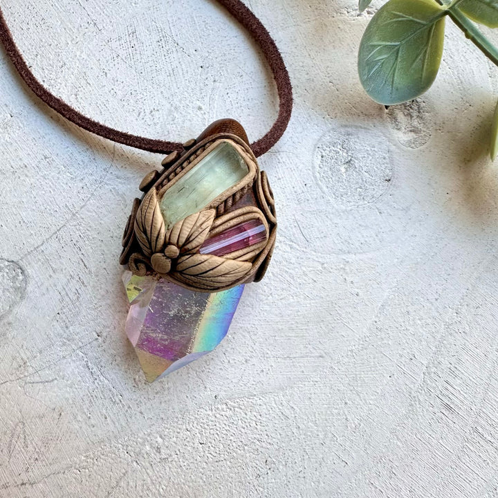 Artisan necklace with pink tourmaline and aquamarine gemstones