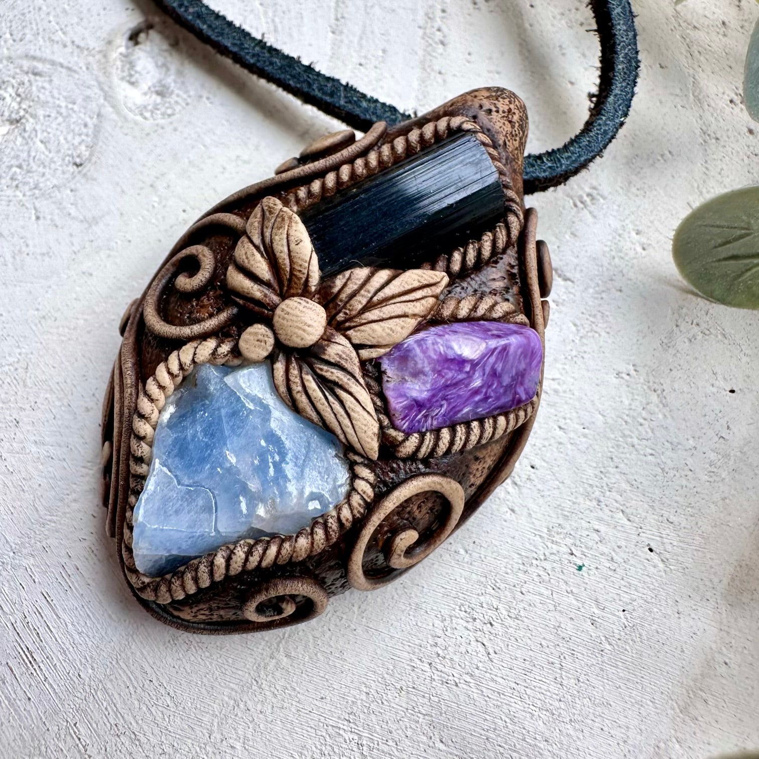 Blue calcite tourmaline and charoite healing crystal necklace