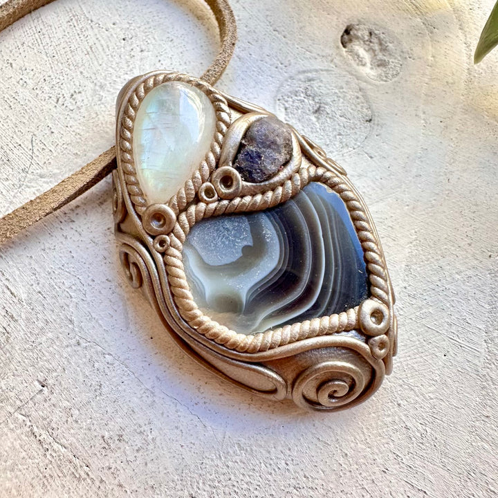 Botswana agate moonstone and tanzanite unisex spiritual jewelry