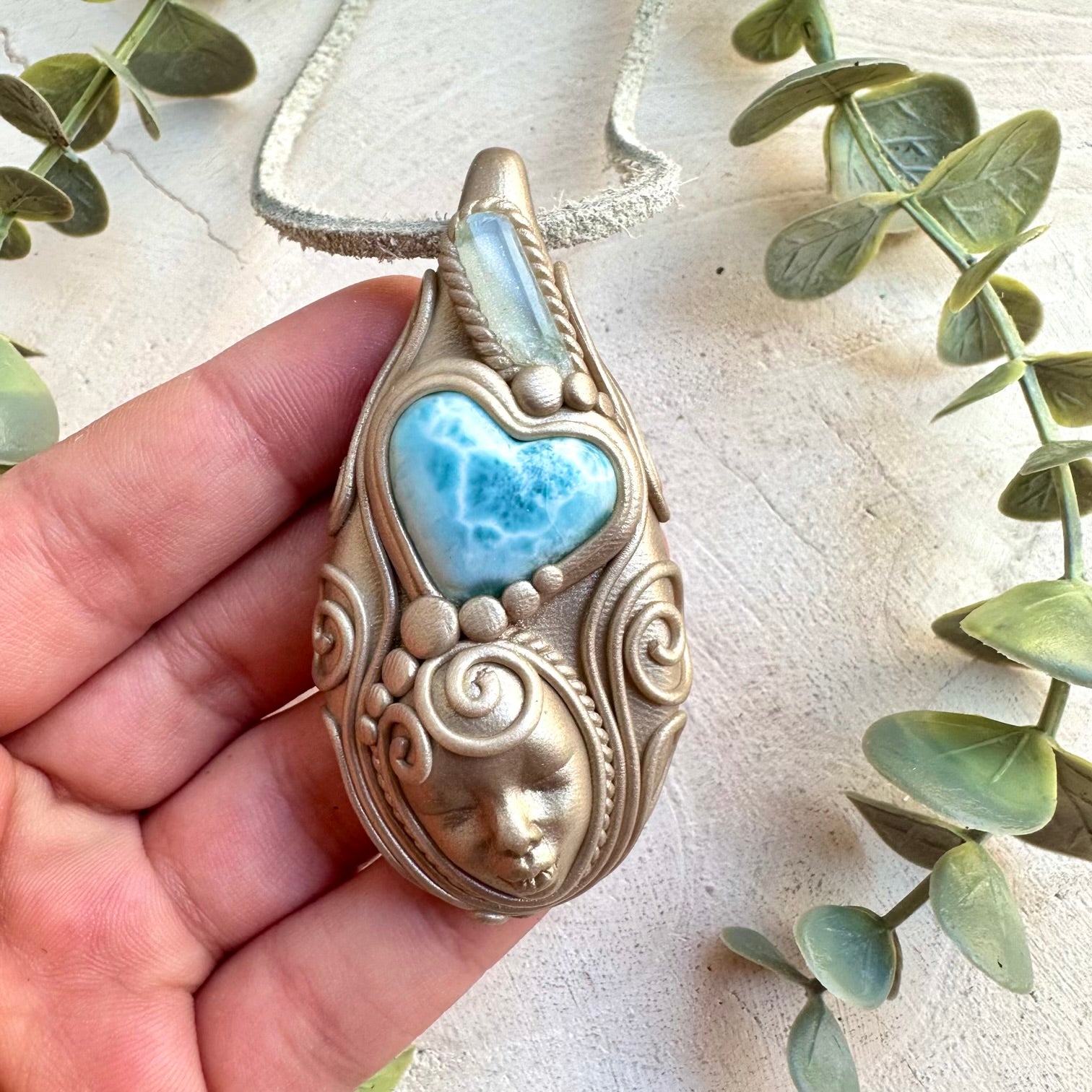 Raw gemstone crystal necklace handmade boho jewelry with aquamarine