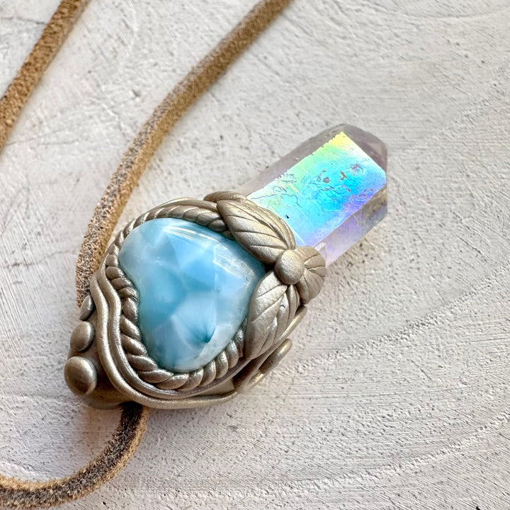 Healing crystal pendant with angel aura quartz and larimar heart