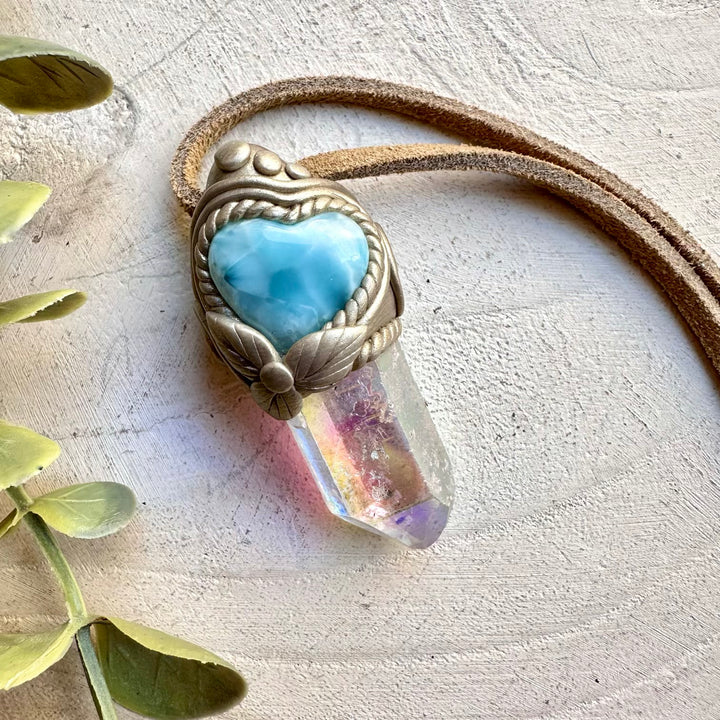 Spiritual jewelry combining aura quartz and larimar heart