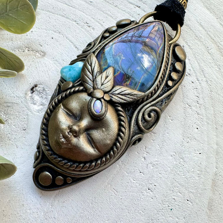 Spiritual jewelry combining labradorite larimar heart and opal