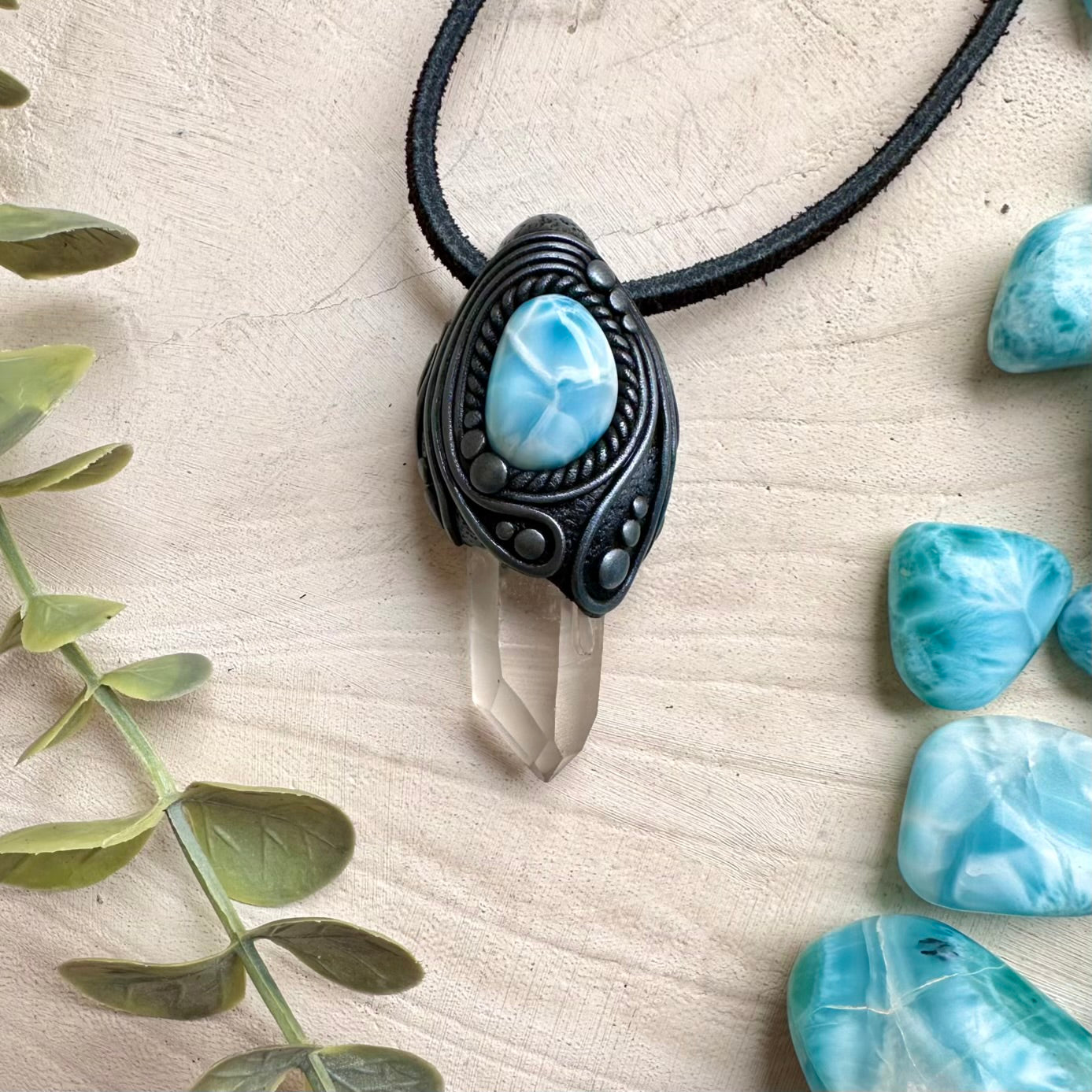 Lemurian quartz paired with larimar in a necklace