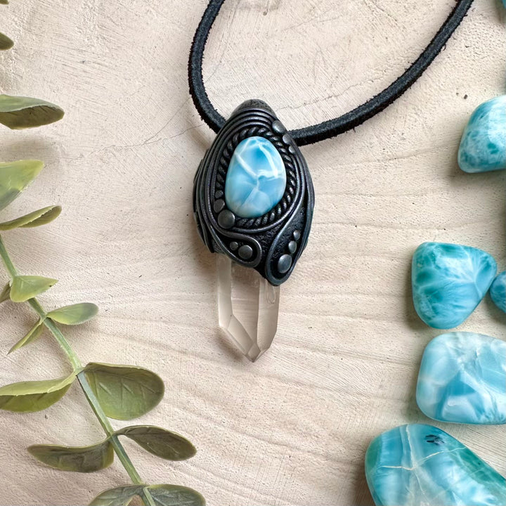Lemurian quartz paired with larimar in a necklace