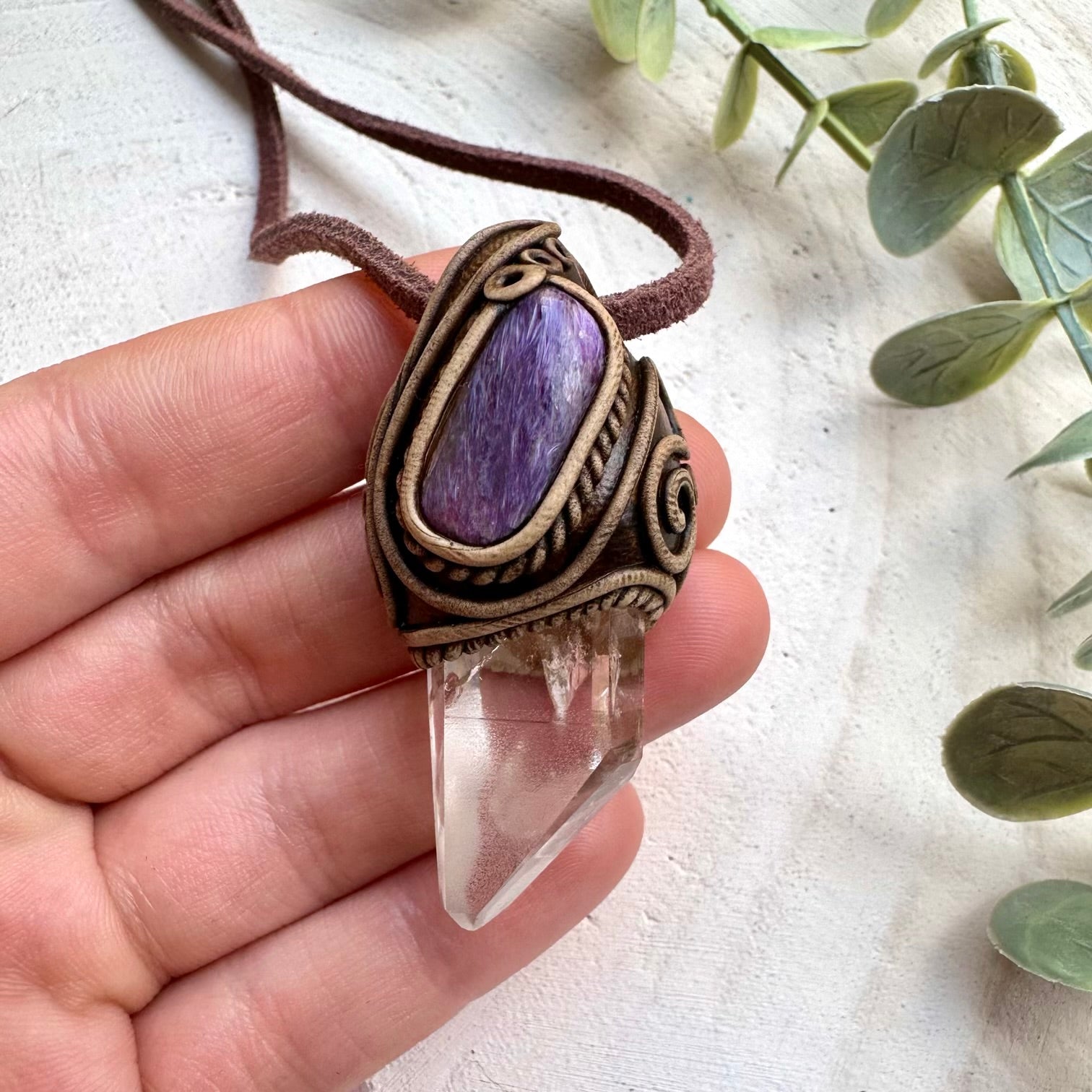 Lemurian quartz and charoite healing crystal necklace