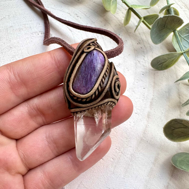 Lemurian quartz and charoite healing crystal necklace