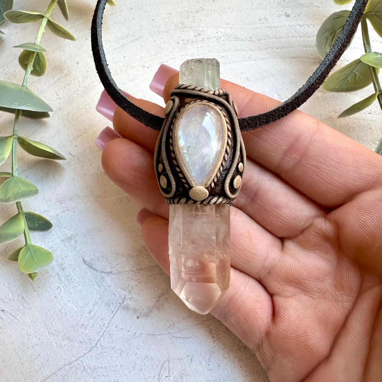 Lemurian quartz aquamarine and moonstone healing crystal necklace