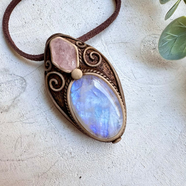 Moonstone and morganite healing crystal necklace