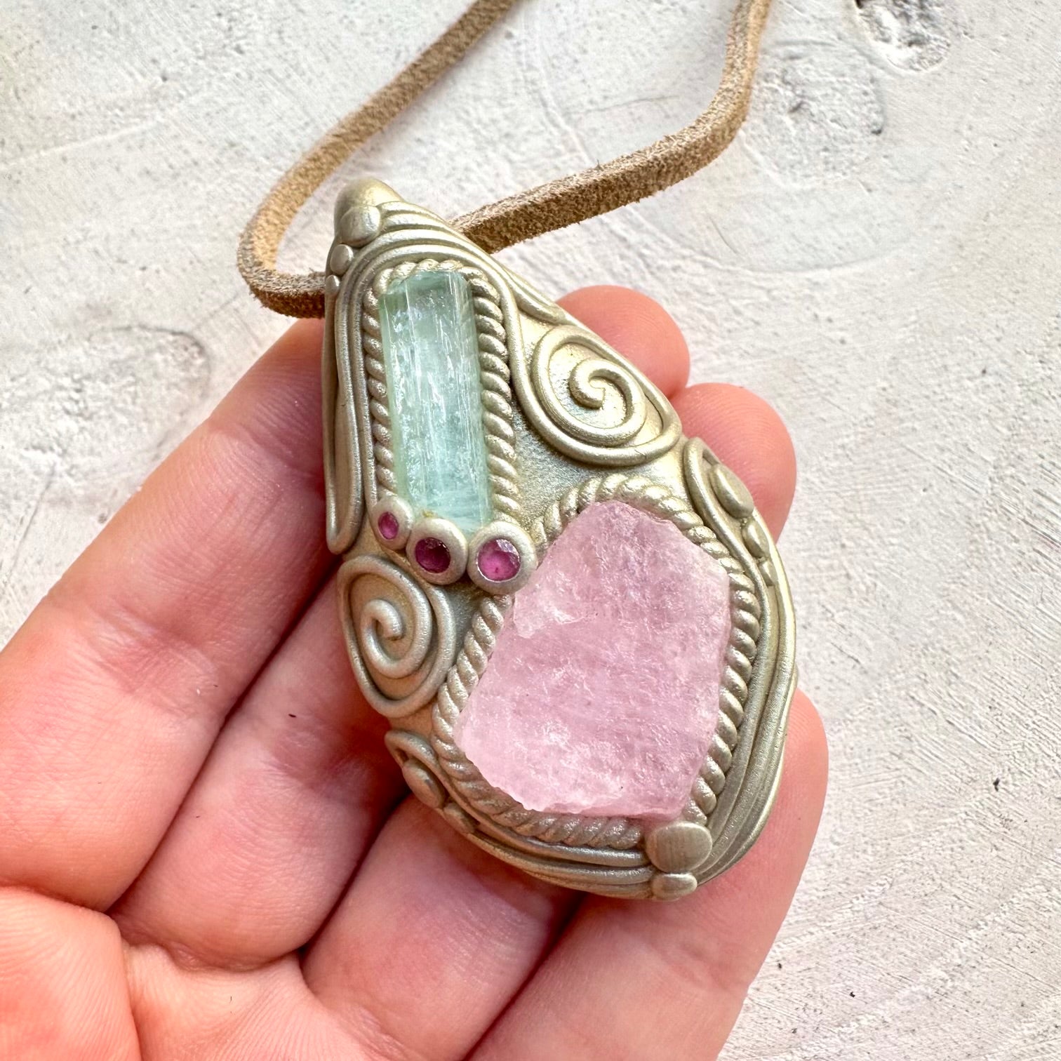 Morganite aquamarine and ruby unisex spiritual jewelry