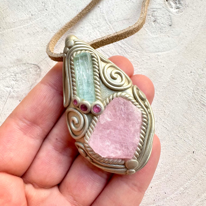 Morganite aquamarine and ruby unisex spiritual jewelry