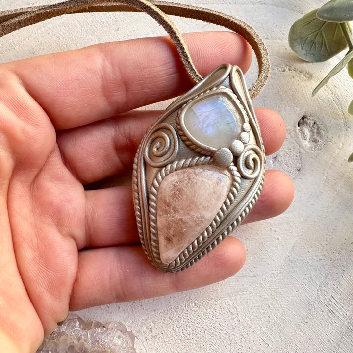 Morganite and moonstone healing crystal necklace