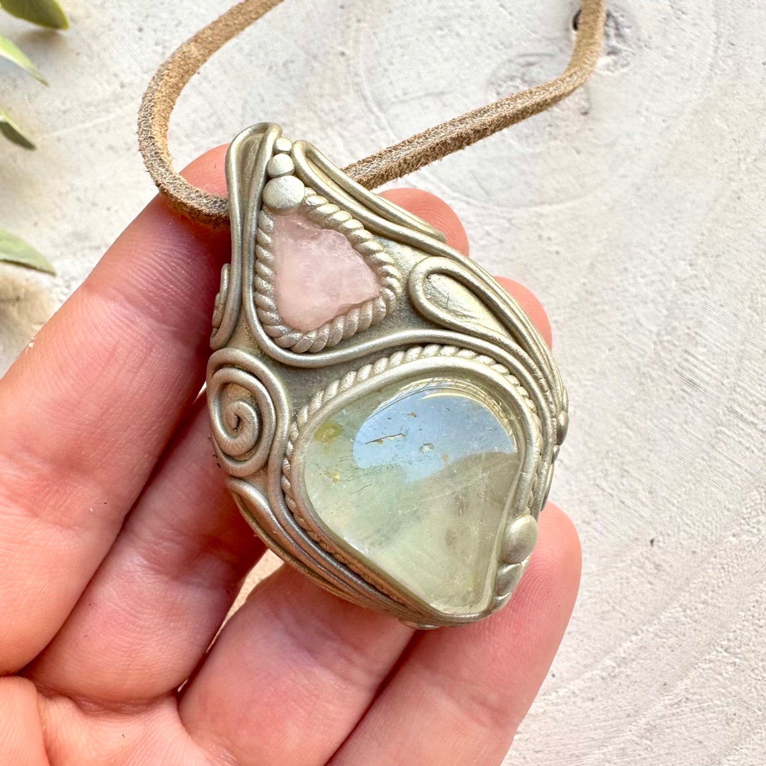 Healing crystal necklace with morganite and blue topaz