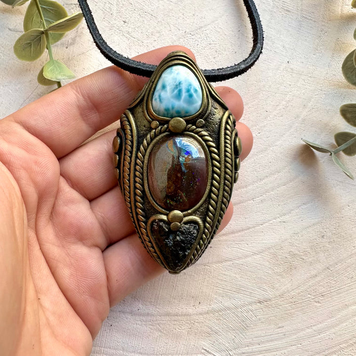 Healing crystal necklace with opal larimar and moldavite