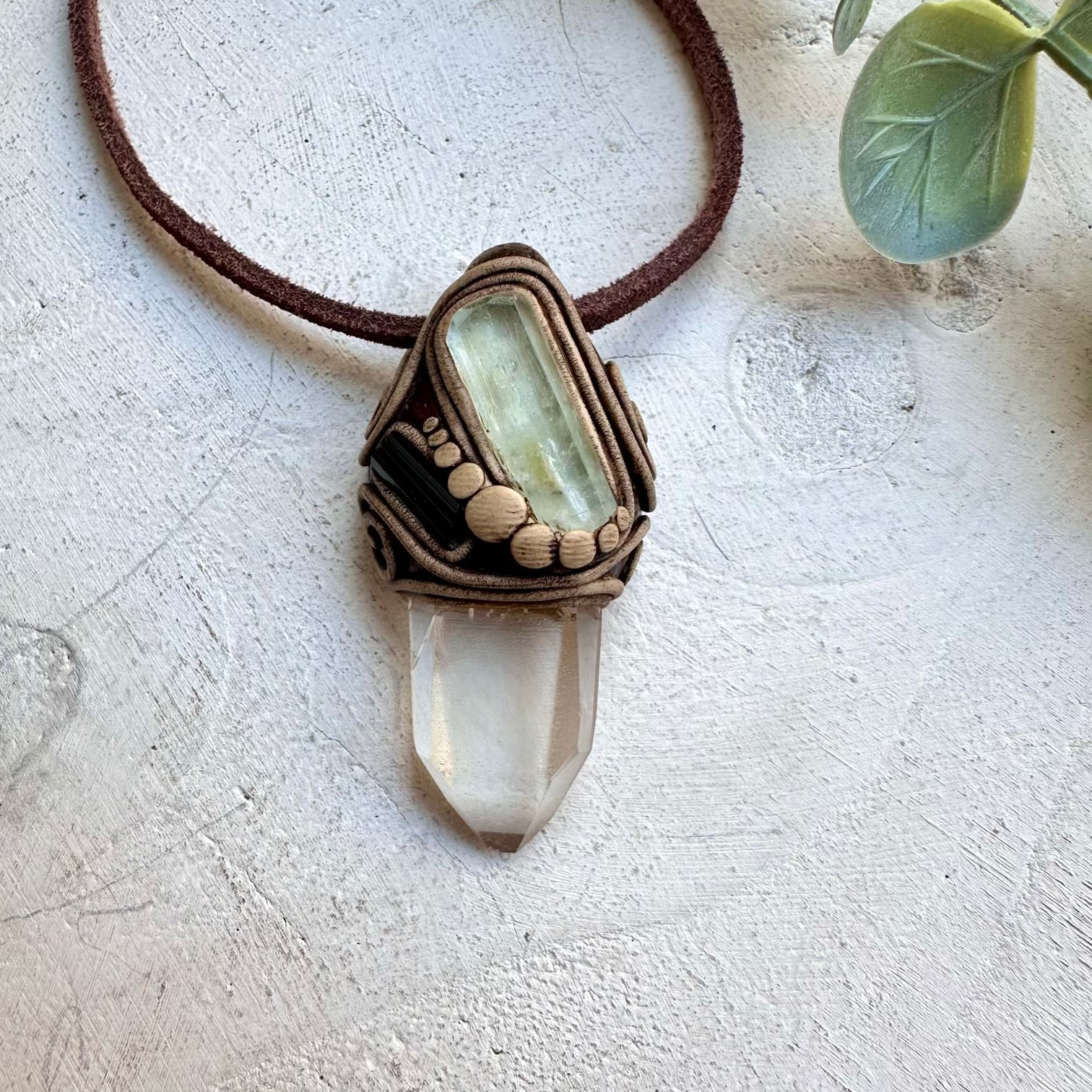 Handmade necklace with lemurian quartz aquamarine and blue tourmaline