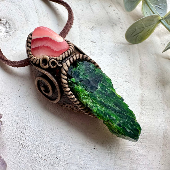 One of a kind rhodochrosite and diopside gemstone necklace