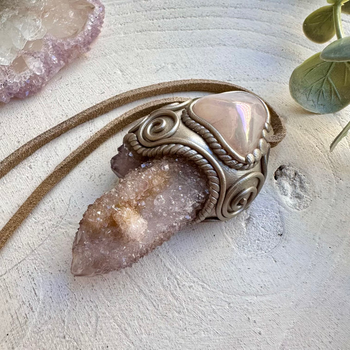 Natural gemstone necklace with rose quartz and spirit quartz