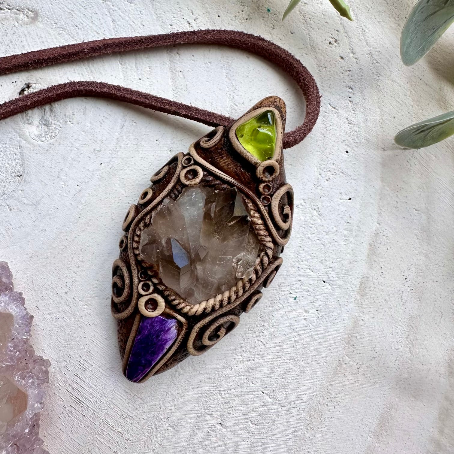 Smoky quartz charoite and peridot healing crystal necklace