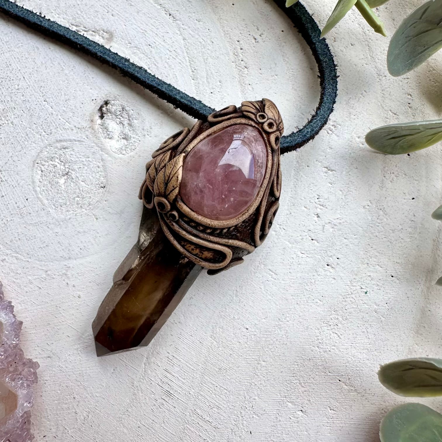 Smoky quartz and lavender quartz healing crystal necklace