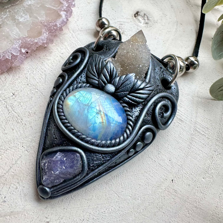Natural gemstone necklace with spirit quartz and moonstone