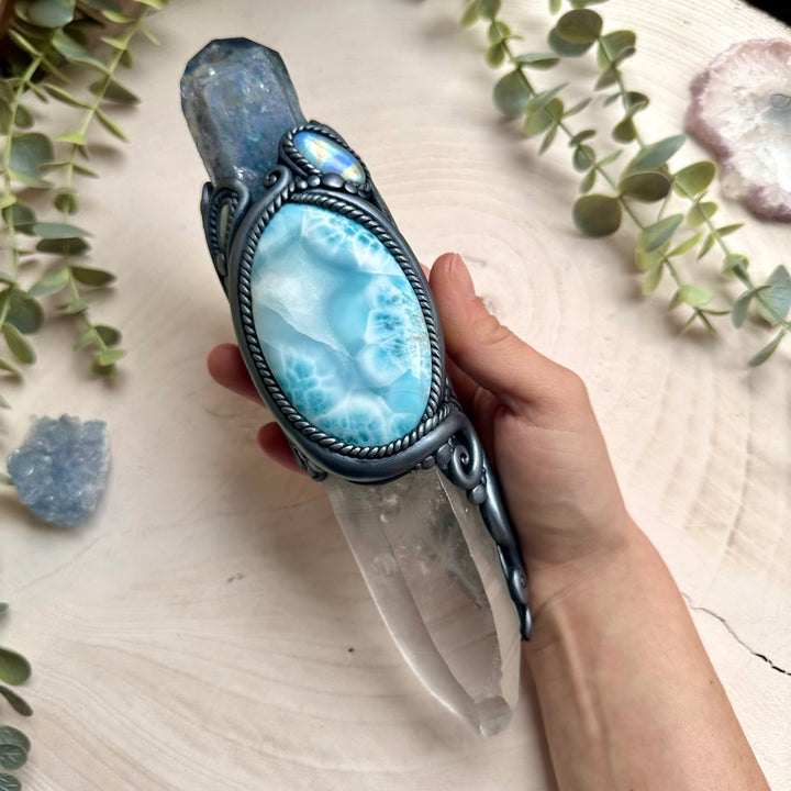 Healing crystal wand metaphysical with aura quartz and larimar