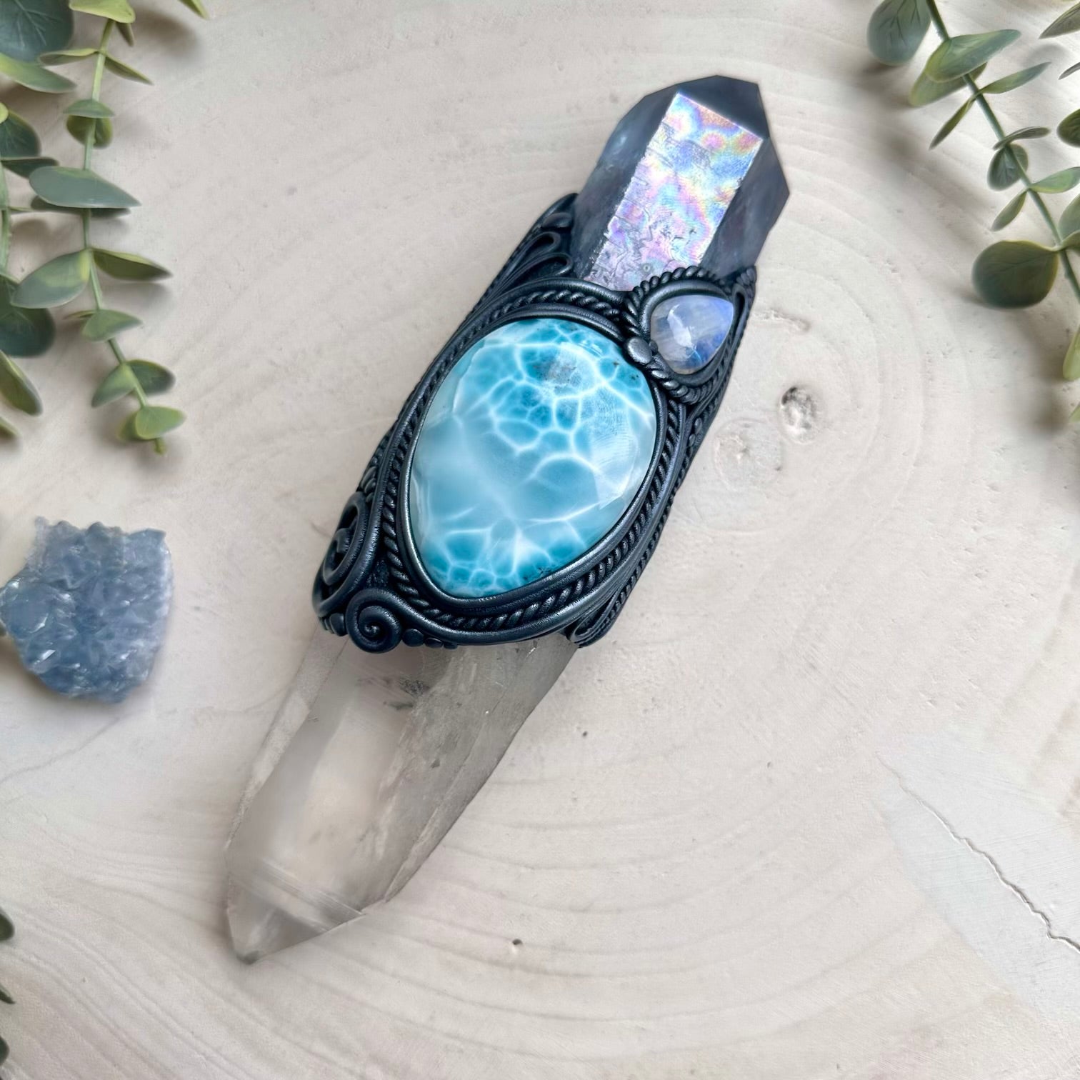 Spiritual healing crystal wand combining aura quartz moonstone and larimar