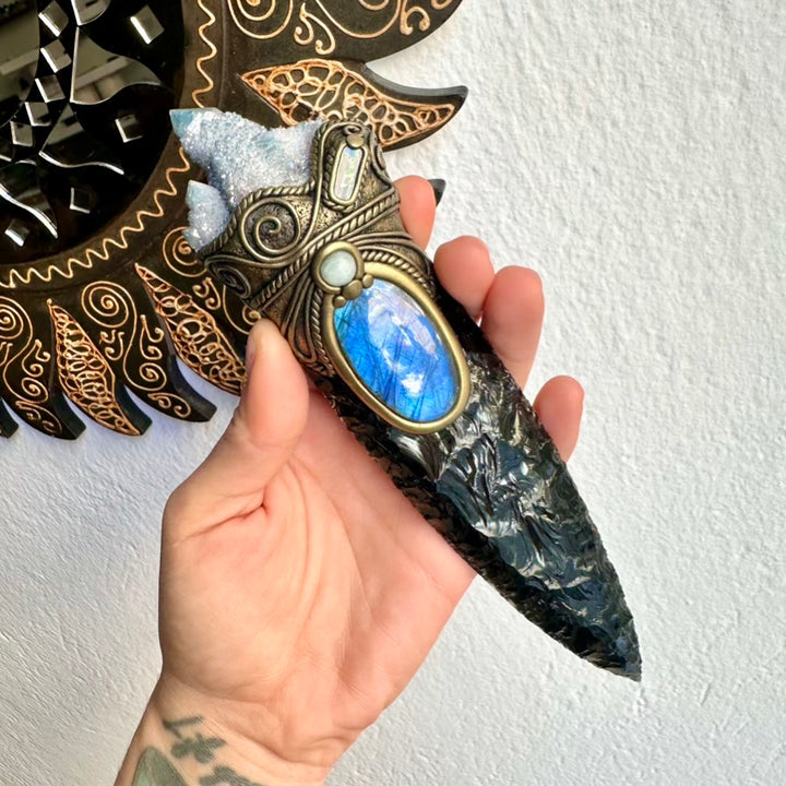 Handcrafted crystal wand with Obsidian, Opal and Labradorite