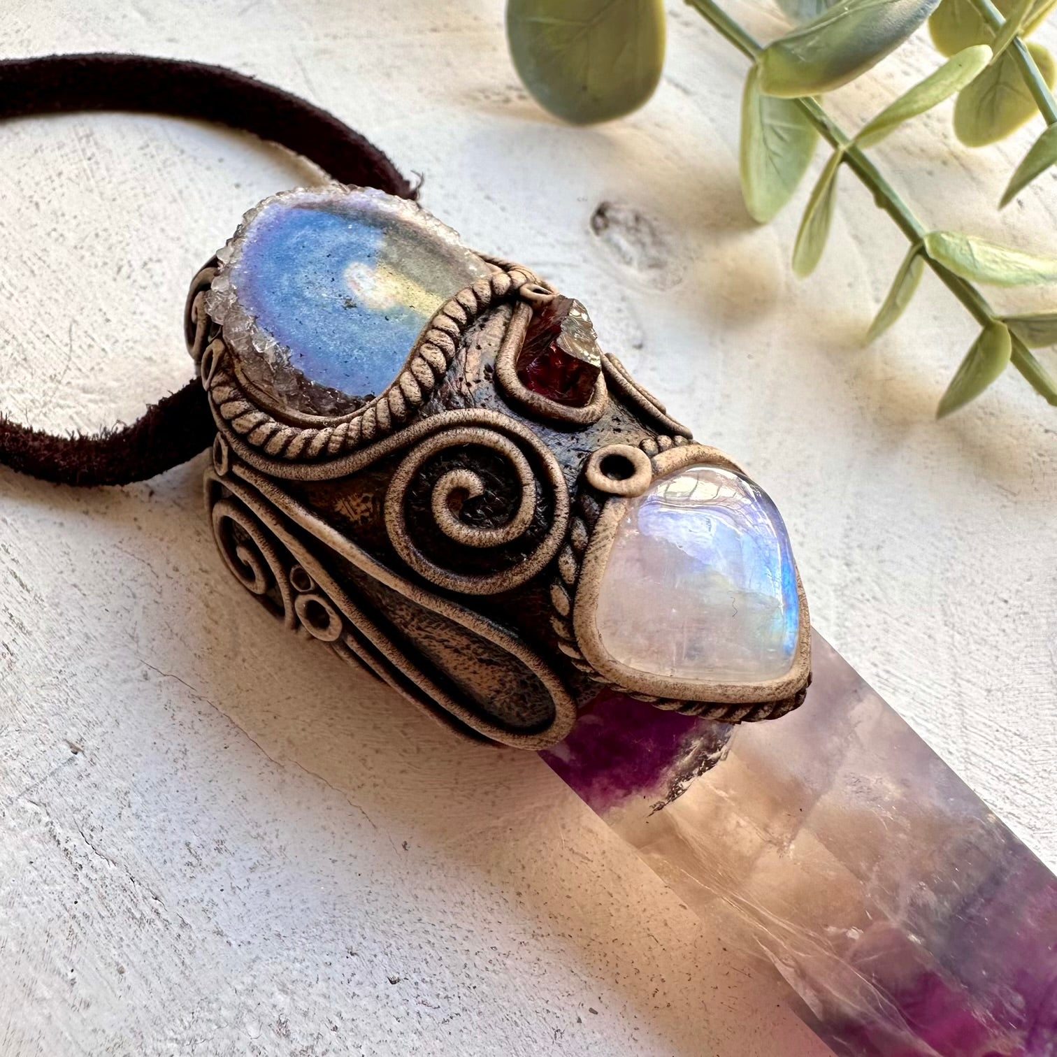Fluorite amethyst and garnet healing crystal necklace wand