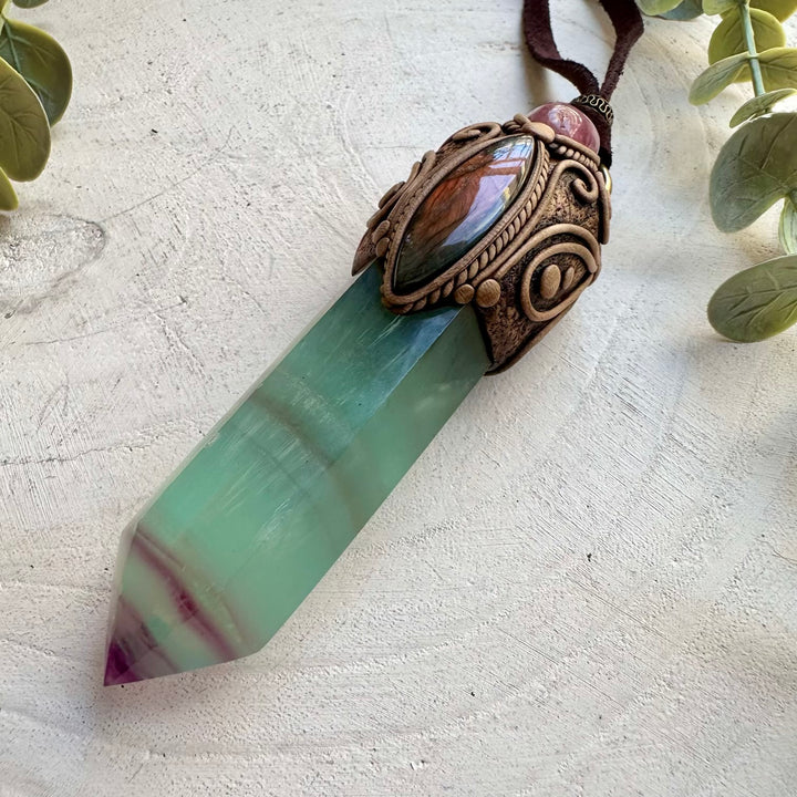 Fluorite labradorite and quartz healing crystal necklace