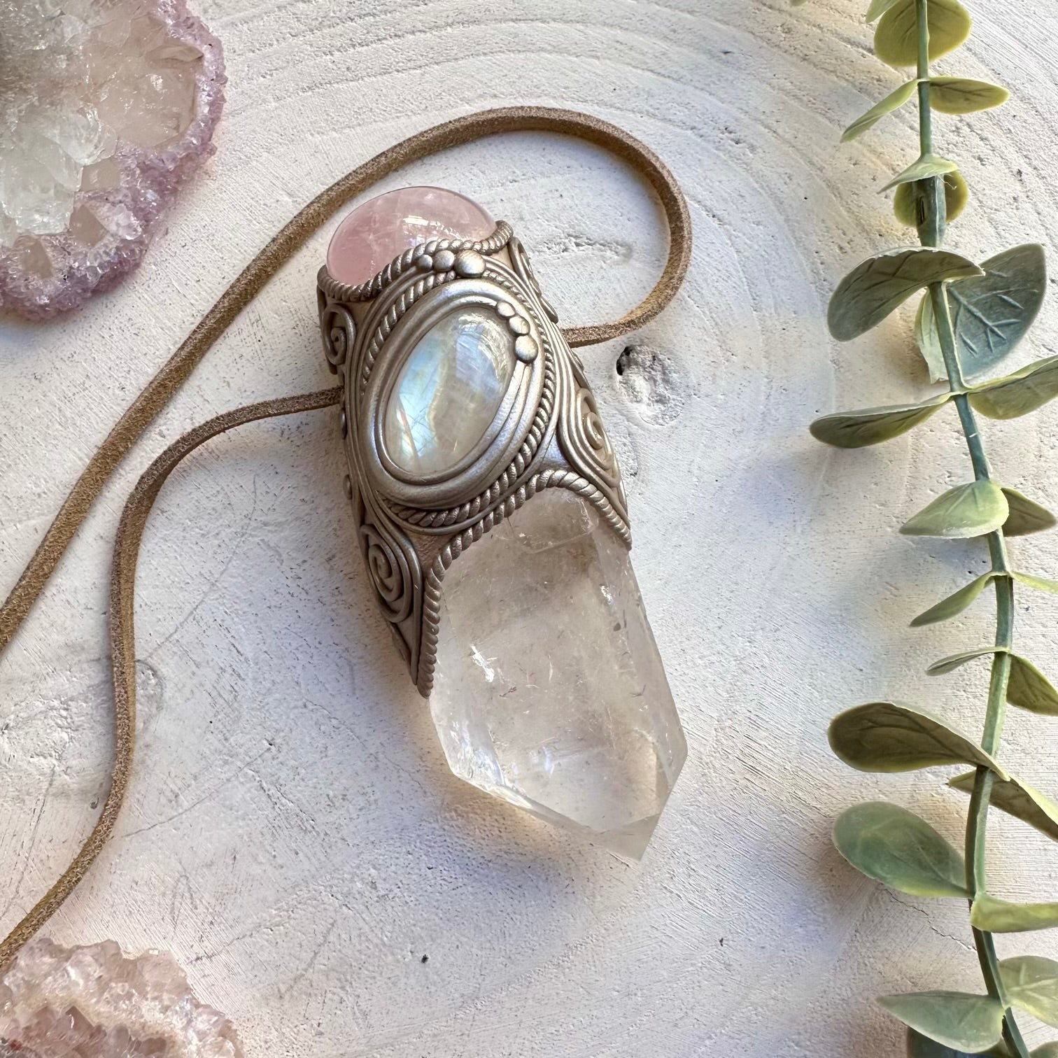 Quartz rose quartz and moonstone healing crystal necklace