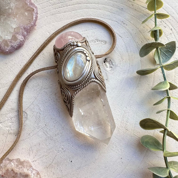 Quartz rose quartz and moonstone healing crystal necklace