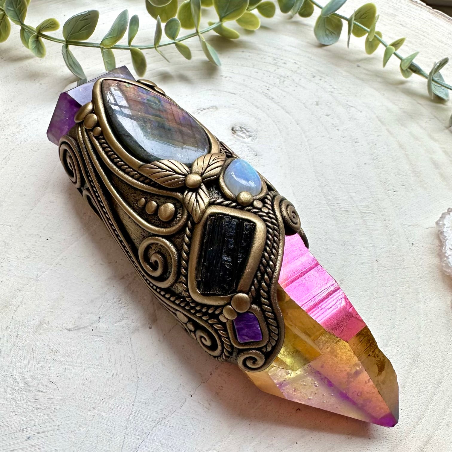 Healing crystal wand with sunset aura quartz and ruby