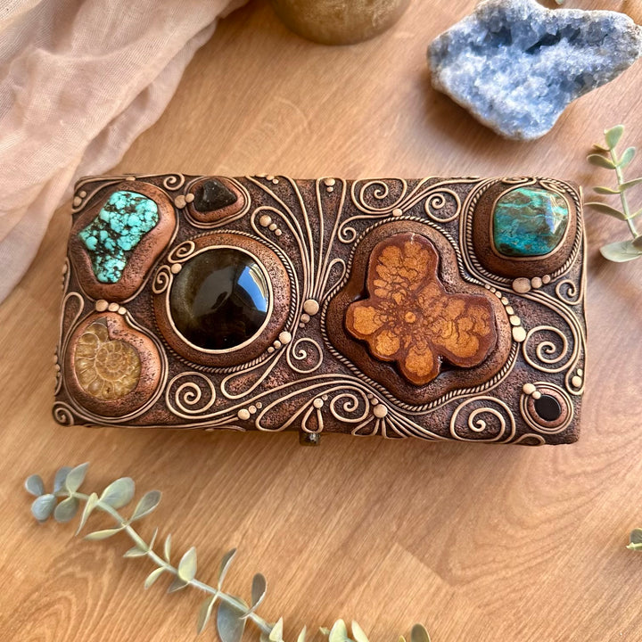 Handcrafted crystal altar box with Obsidian, Turquoise and Chrysocolla