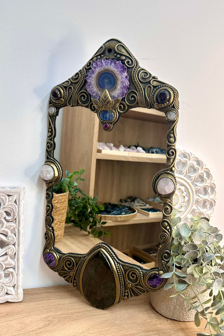 Large handmade gemstone wall mirror with Amethyst Stalactite, Rose Quartz, Ruby, Garnet and Clear Quartz.