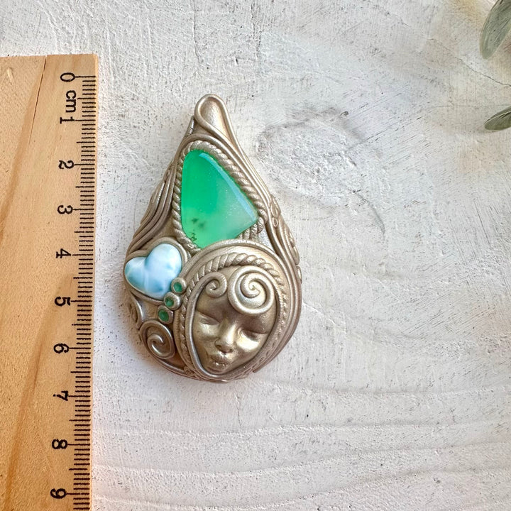 Handmade gemstone necklace larimar heart and emerald spiritual jewelry